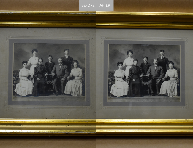 Before and After Fire Damage Restoration to Photograph and Frame